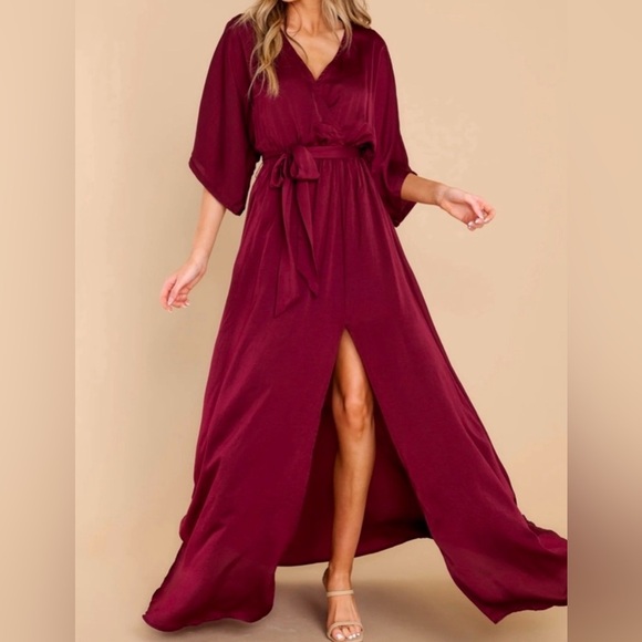 Aakaa Long Sleeve V Neck Tie Waist Maxi Dress Small Burgundy Wine Merlot - Picture 1 of 7